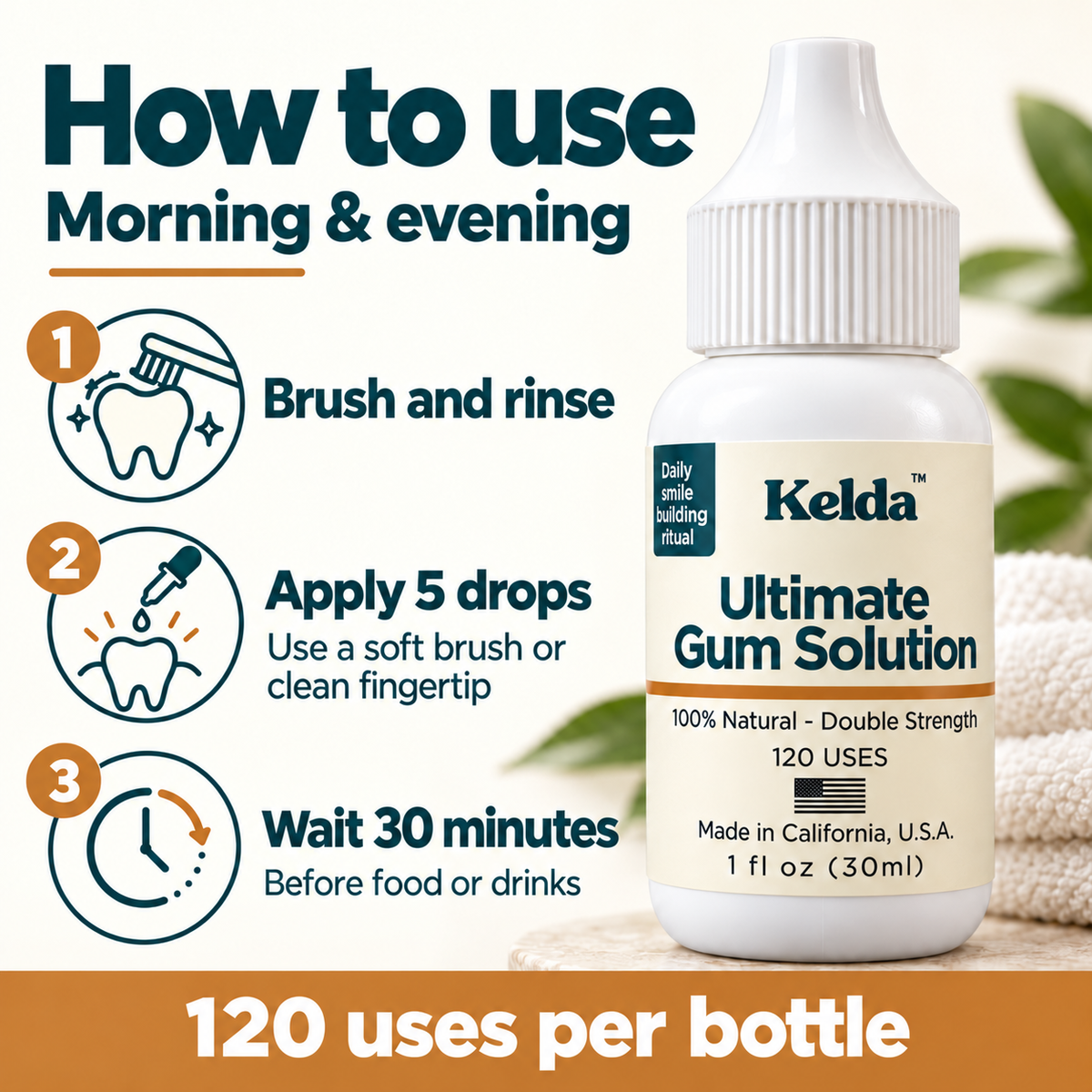 How to use Ultimate Gum Solution: brush and rinse, apply 5 drops, wait 30 minutes. 120 uses per bottle