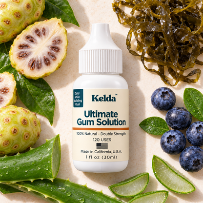 Ultimate Gum Solution bottle with noni fruit, seaweed, blueberries and aloe vera