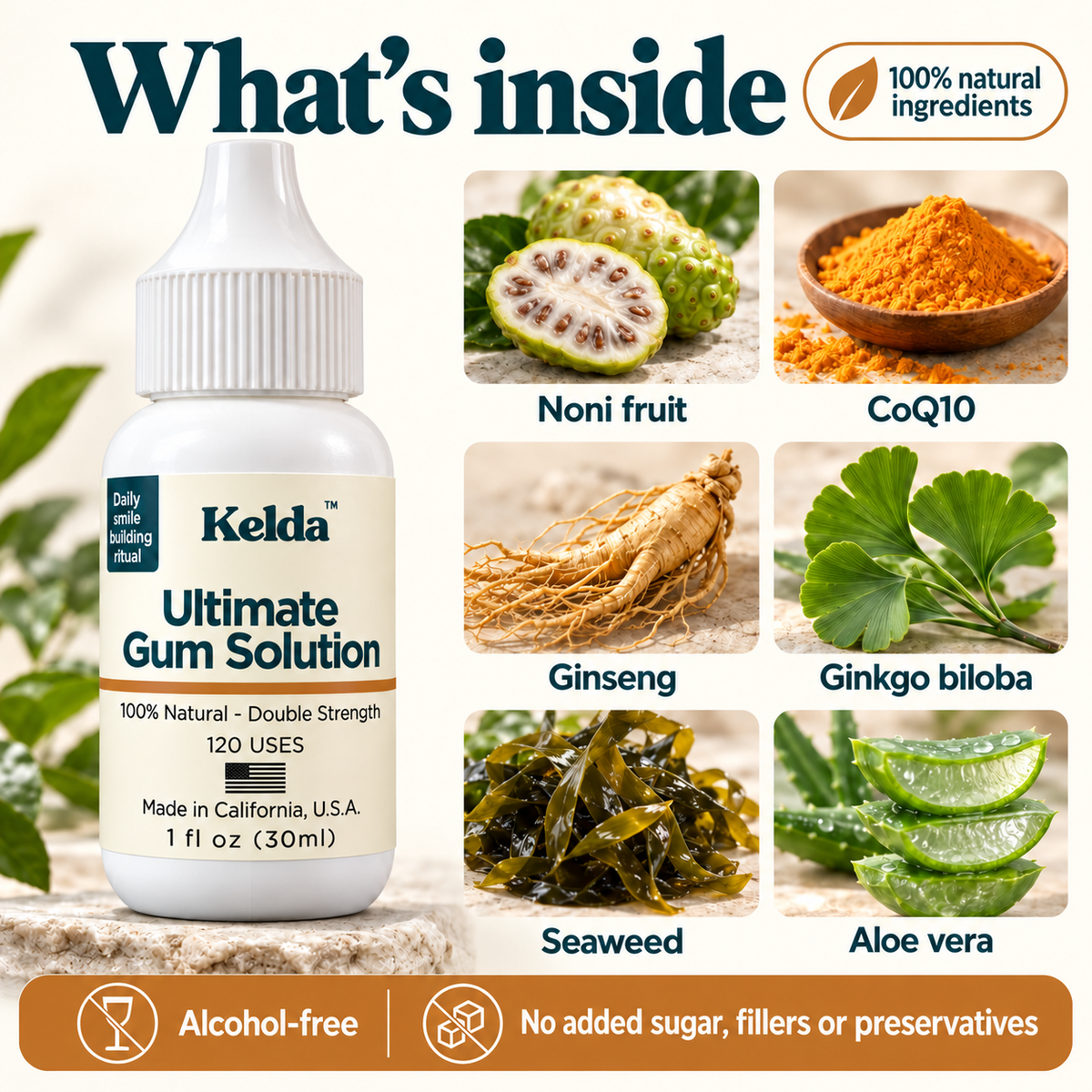 What is inside Ultimate Gum Solution: noni fruit, CoQ10, ginseng, ginkgo biloba, seaweed and aloe vera. Alcohol-free, no added sugar, fillers or preservatives