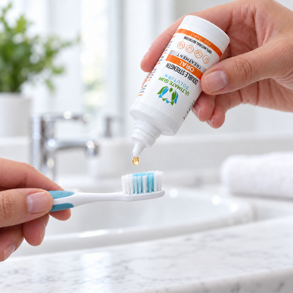 Applying light amber drops of Ultimate Gum Solution to a soft toothbrush