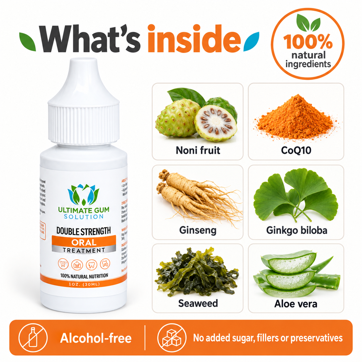 What's inside: 100% natural ingredients including noni fruit, CoQ10, ginseng, ginkgo biloba, seaweed and aloe vera. Alcohol-free, no added sugar, fillers or preservatives.